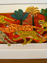 Load image into Gallery viewer, Artistic depiction of leopards in a stylized landscape with trees and foliage.
