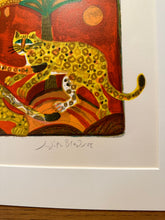 Load image into Gallery viewer, Artistic depiction of a leopard on a colorful background with a signature at the bottom.
